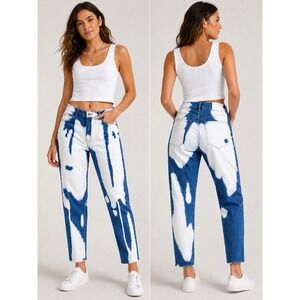 Frayed Jeans Tapered Boyfriend Jeans Women's Size 32 Blue White Bleach Wash
